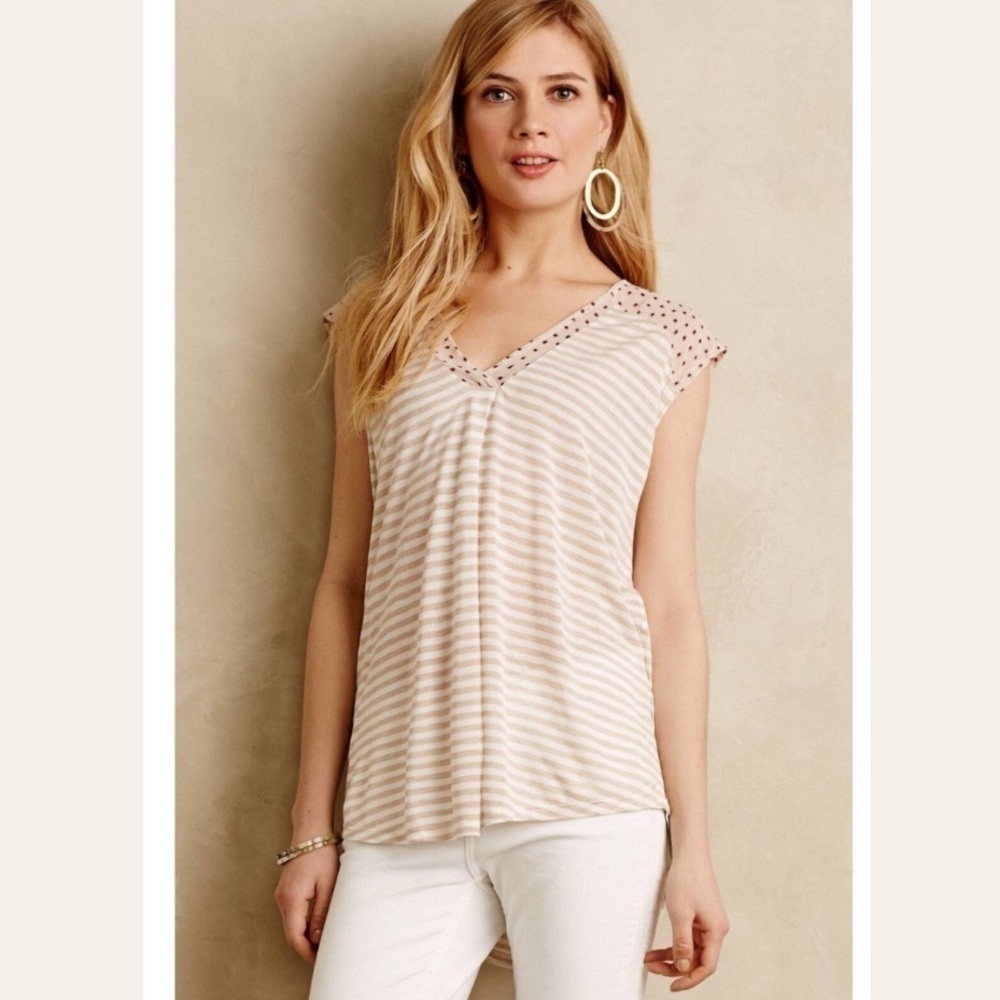 Anthropologie Daystripe Little Yellow Button Ivory Striped Lightweight Tee top